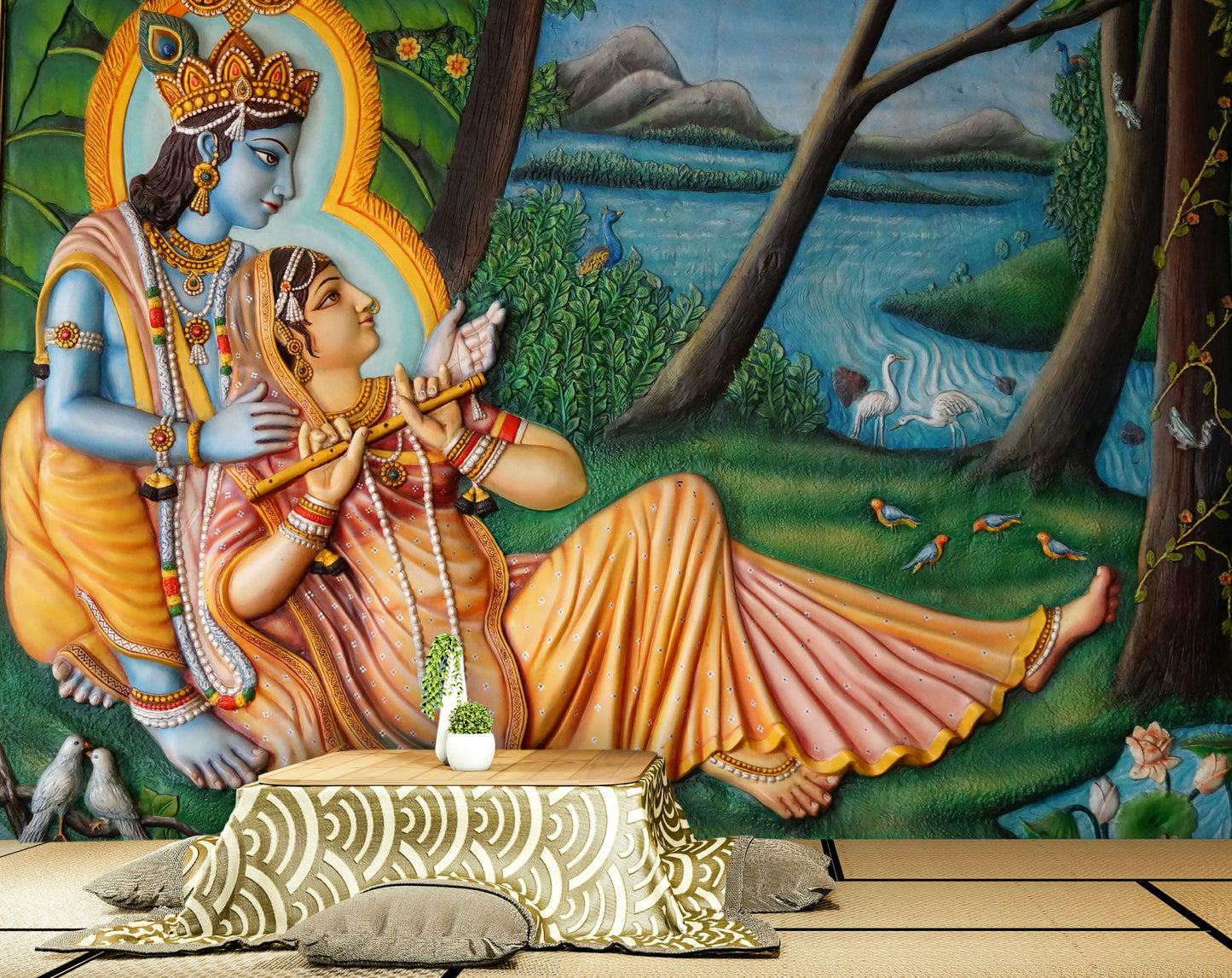 Radhakrishna Hand Draw Painting Mural Wallpaper
