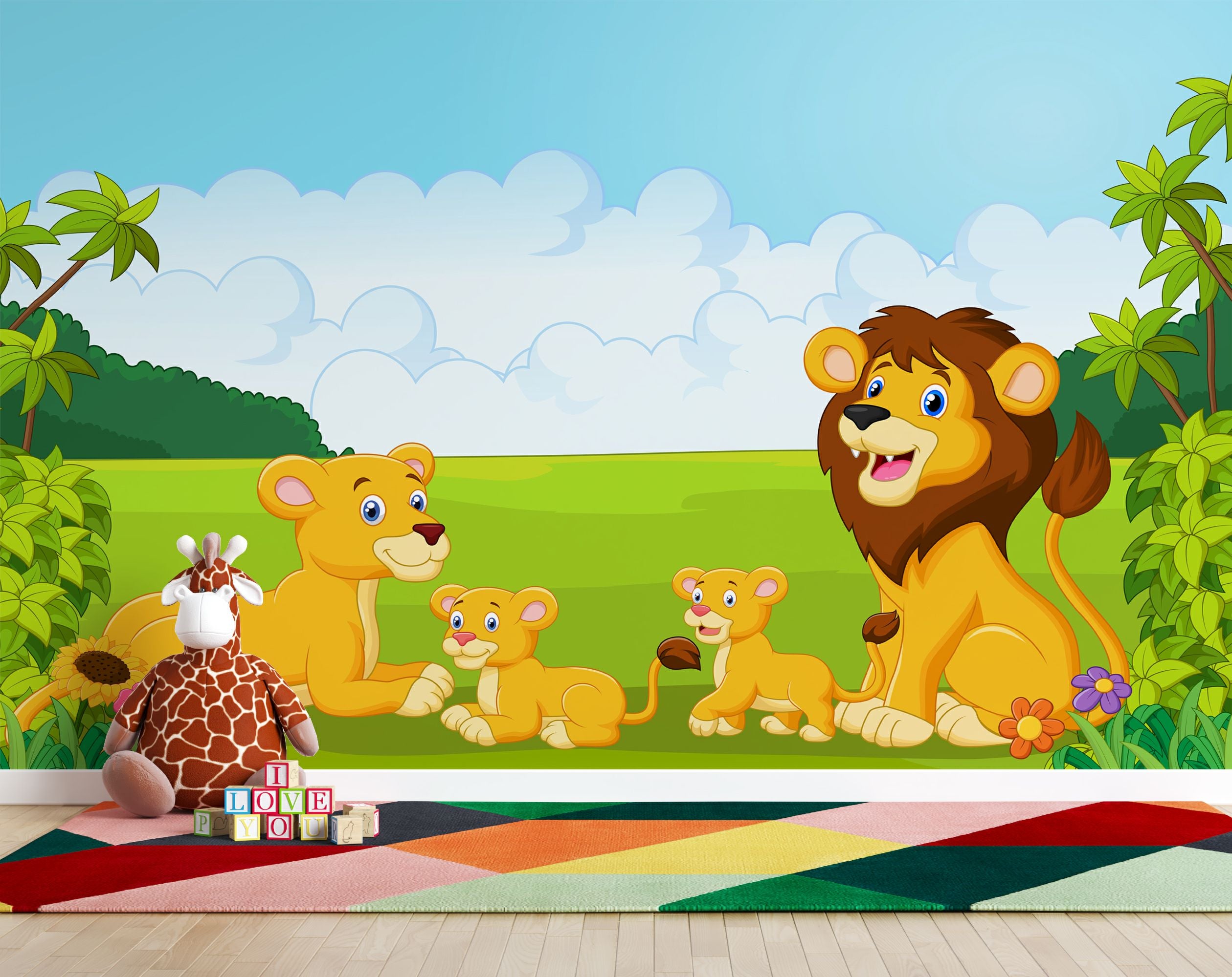 Watercolor Lion Family In The Jungle Wallpaper – Home Decoram