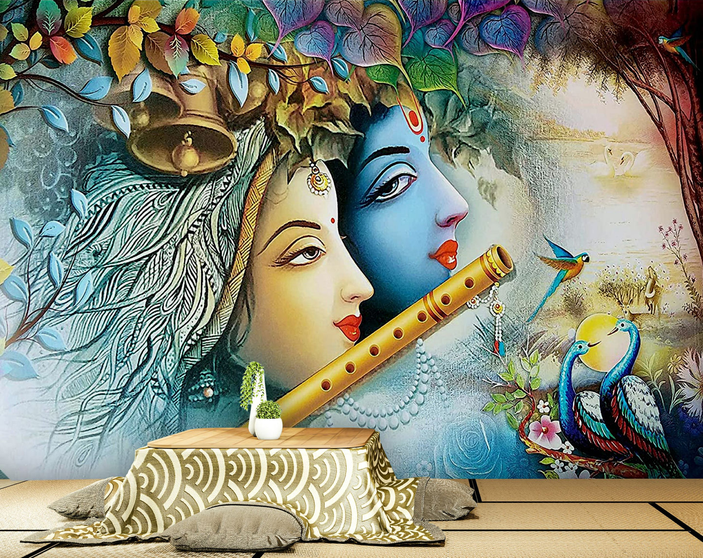 Krishna Playing Flute With Radha Wallpaper
