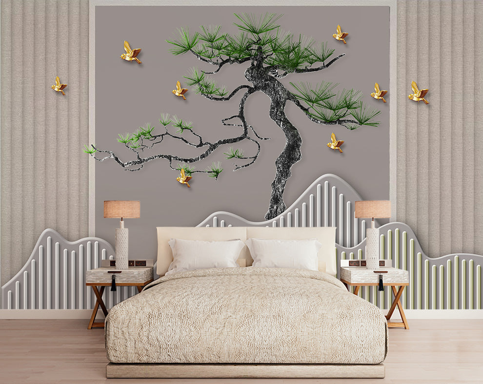 Curved Pine Tree And Golden Birds Mural Wallpaper