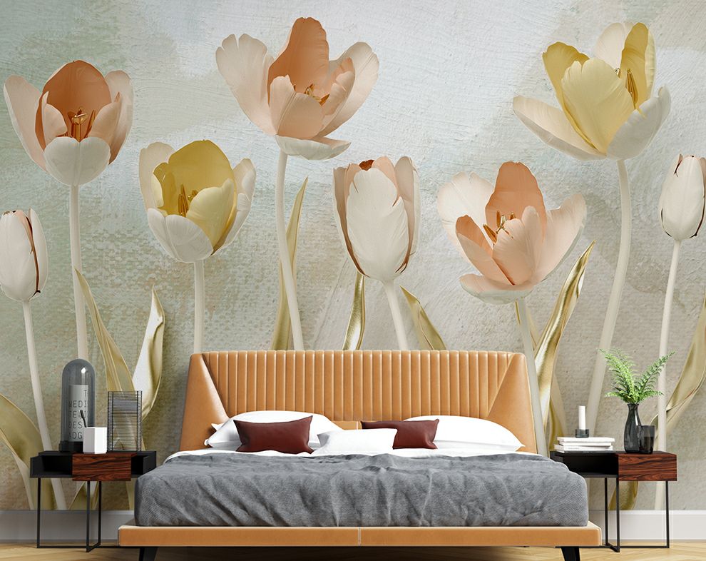 3D Golden Colourful Tulip Flowers for Living Room Walls