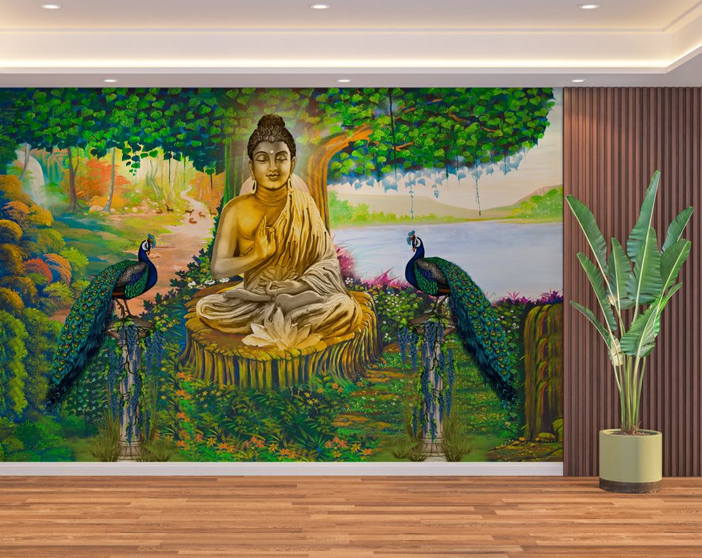 Gautam Buddha and Peacock 3D Mural Wallpaper