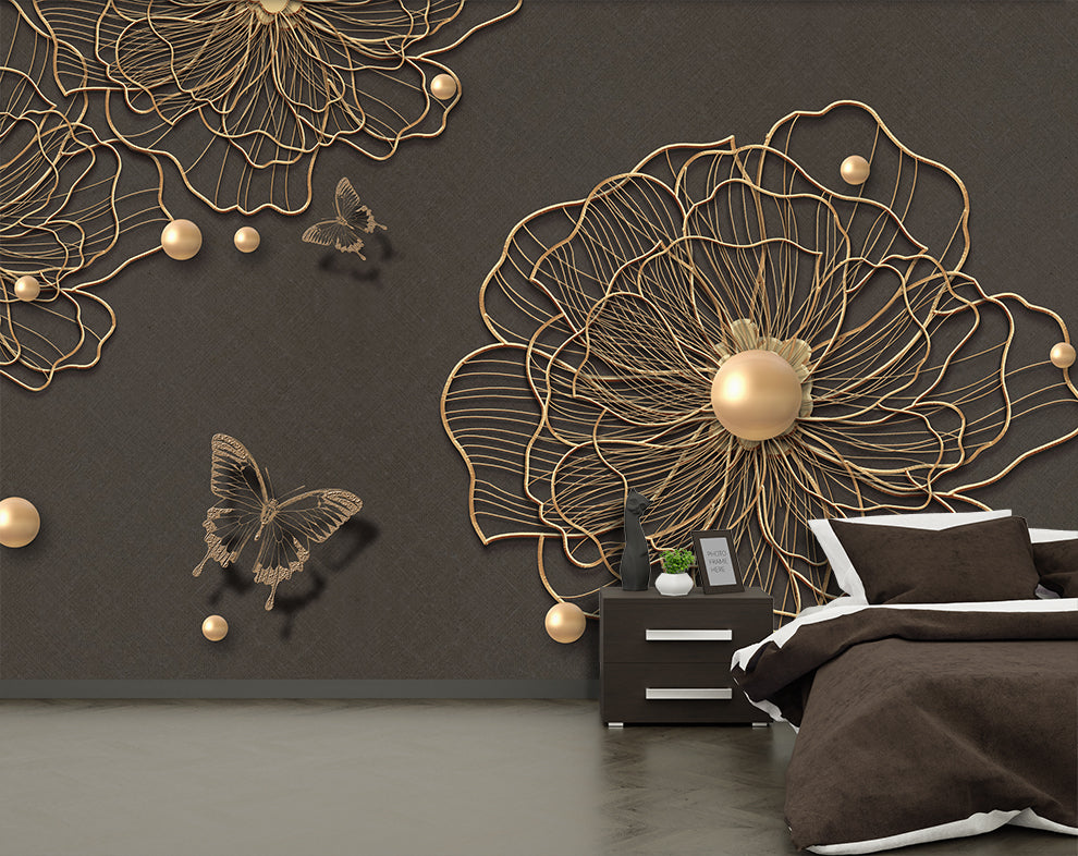 3d beautiful golden line flower pearl butterfly background wallpaper