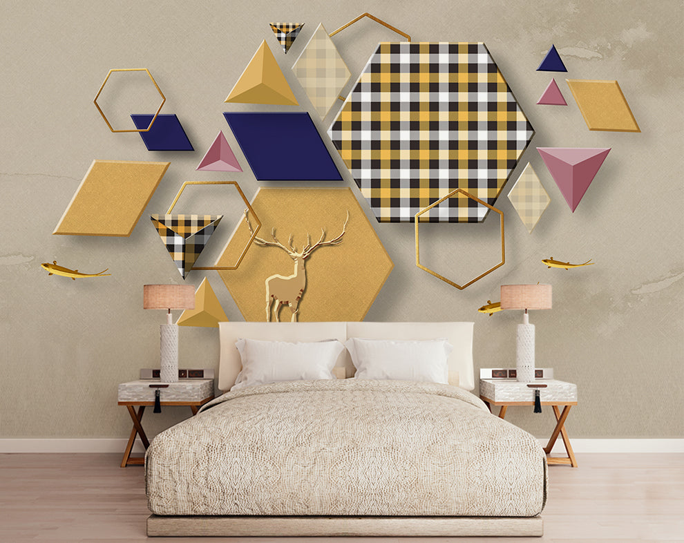 3d geometric design and deer wallpaper