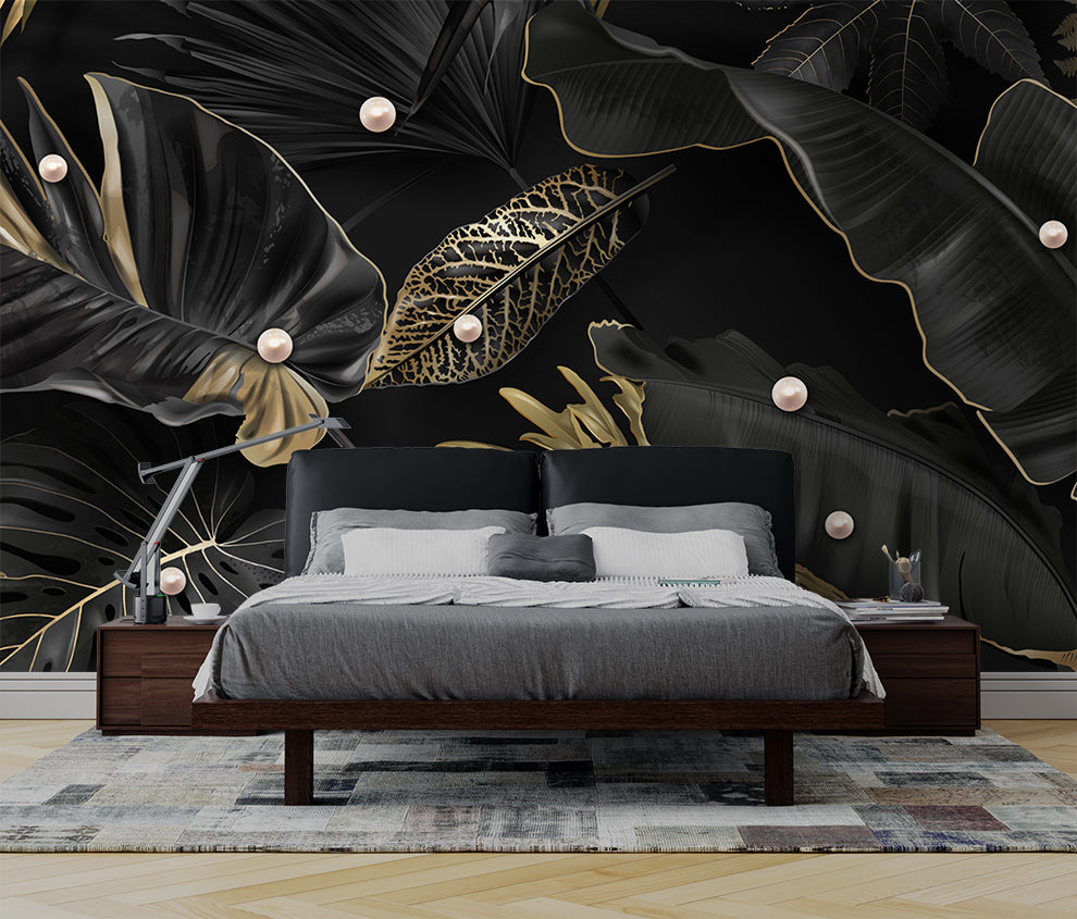 3D Black And Gold Leaf Pearl Embossed Wallpaper