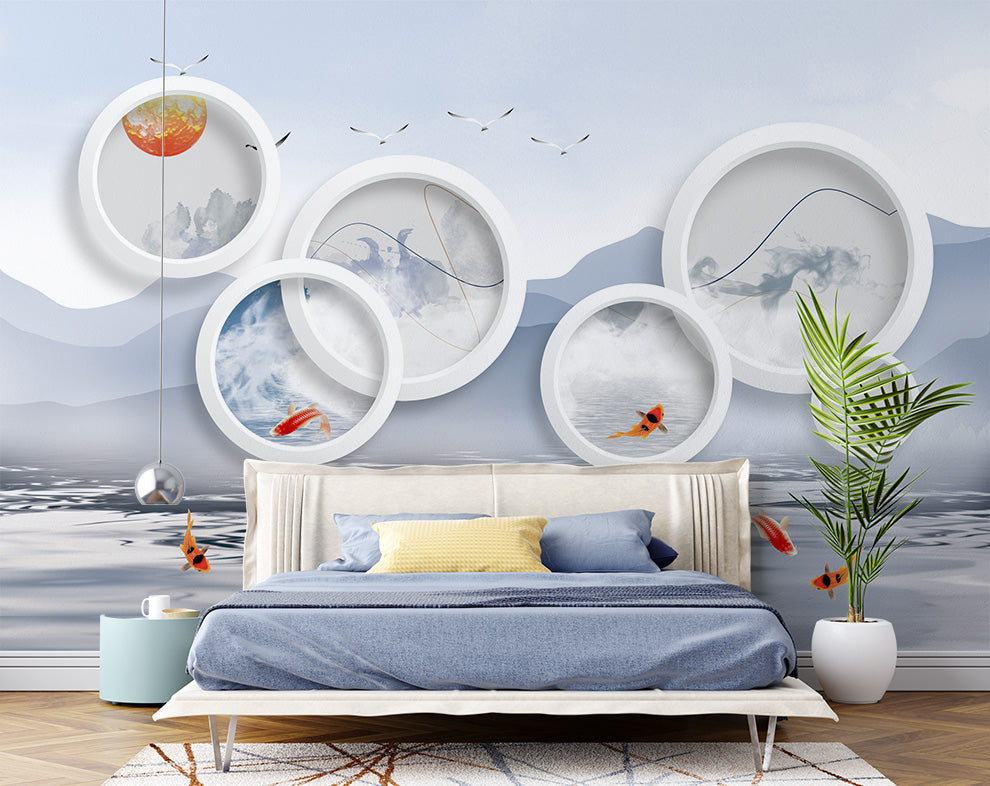 3D Circle Art And Fish Wallpaper | Living Room Wallpaper