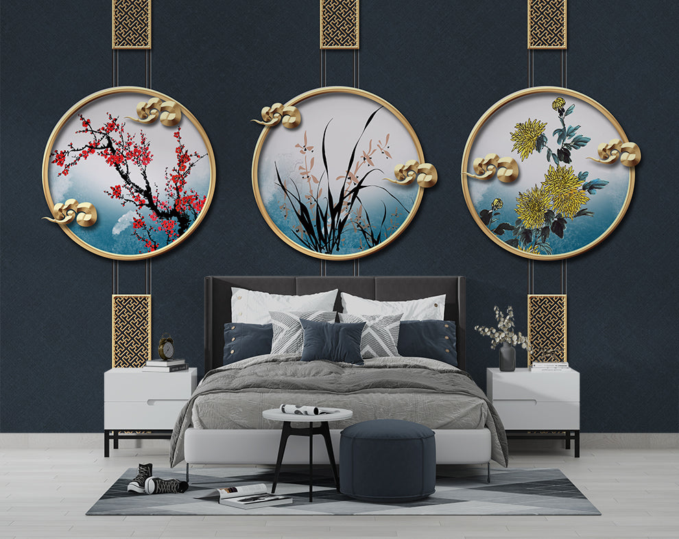 3D Creative Flowers And Modern Gold Metal Art Wallpaper