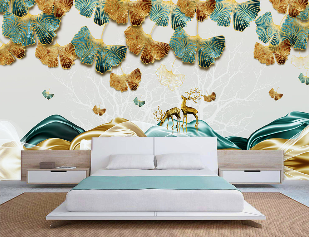 3d beautiful ginkgo leaves and deer wallpaper