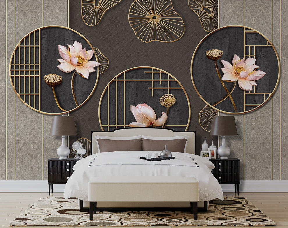 3D Circular Decorative Rings Beautiful Flowers Wallpaper
