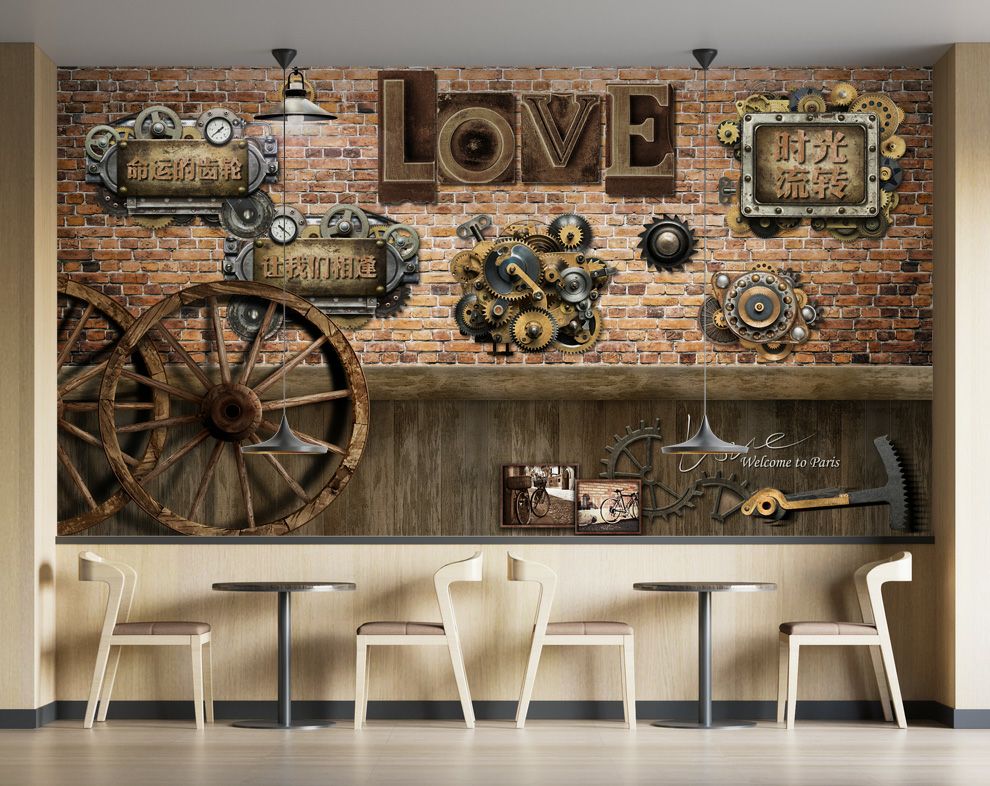 Restaurant and Cafe Brown Bricks Wooden Wheel Wallpaper for Walls