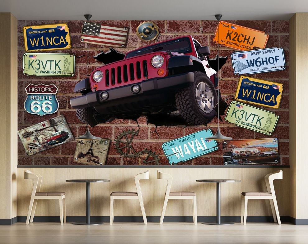 Broken Wall Jeep 3D Car Mural Bar And Restaurant Cafe Wallpaper