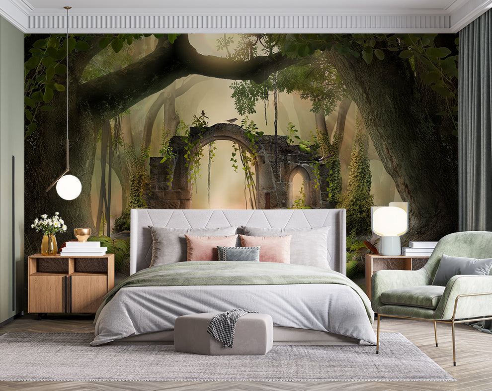 3D Effect Forest Tree Wallpaper For Living Room | Magical jungle wallpaper mural
