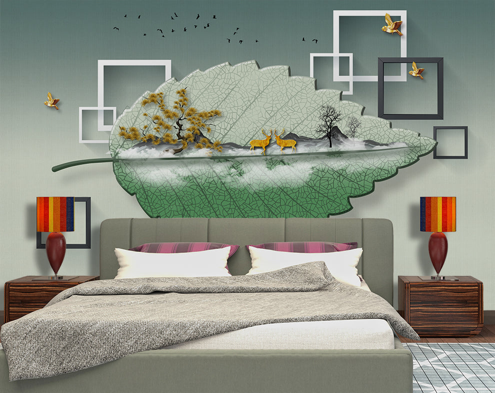 3D Beautiful Leaf Deer Trees Birds Frames Wallpaper