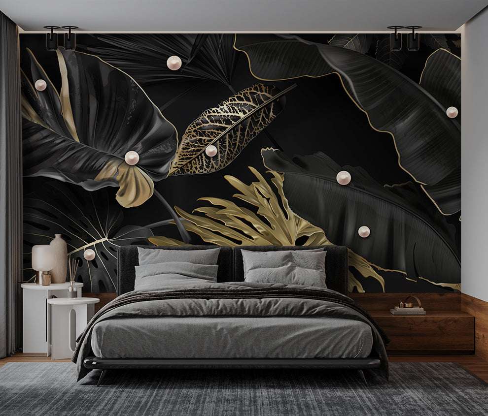 3D Black And Gold Leaf Pearl Embossed Wallpaper