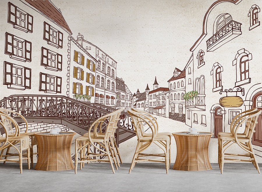 3D Sketch City Mural Art Wallpaper