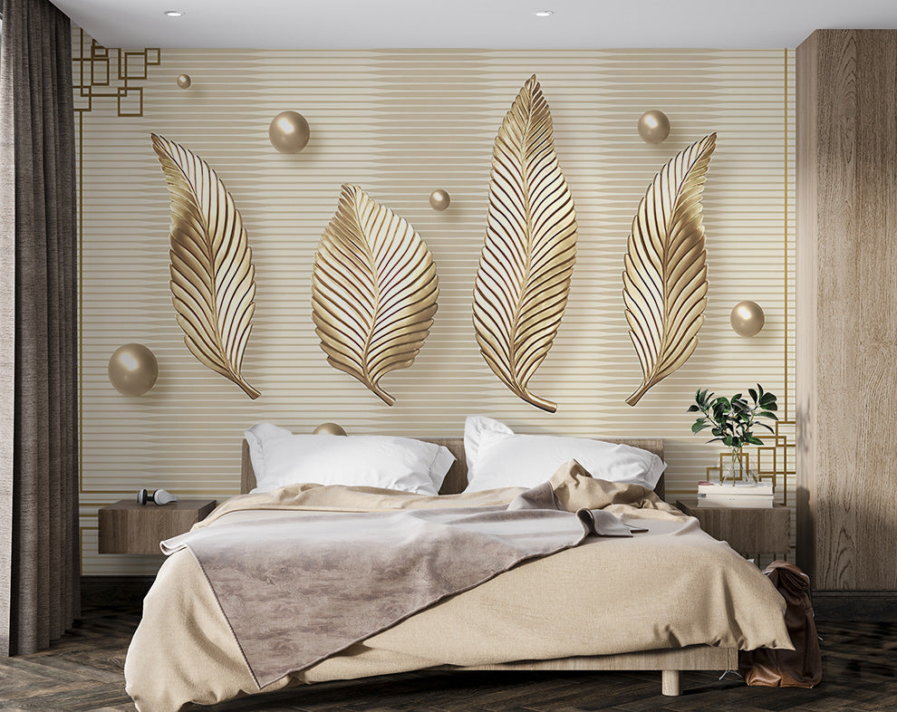 Horizontal 3D Golden Leaf Design Wallpaper