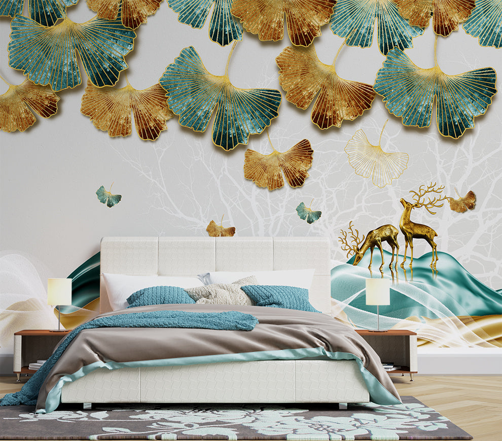 3d beautiful ginkgo leaves and deer wallpaper