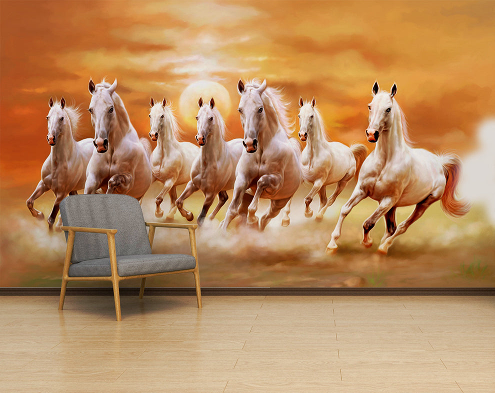 White Seven Horses Running Painting Wallpaper