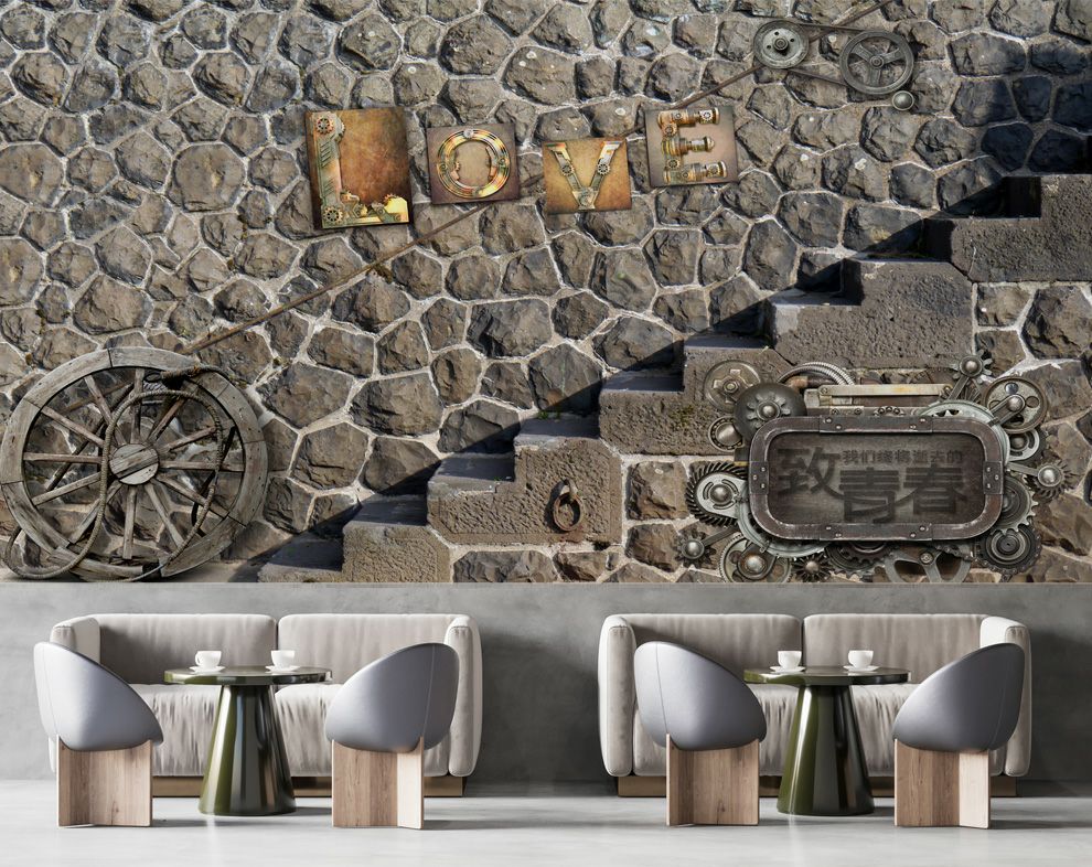 Stone Wall Art With Love Label Restaurant Cafe 3D Wallpaper