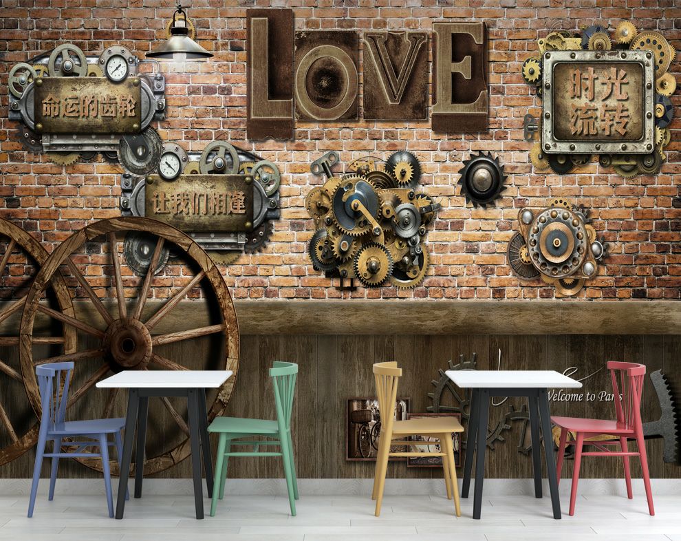 Restaurant and Cafe Brown Bricks Wooden Wheel Wallpaper for Walls