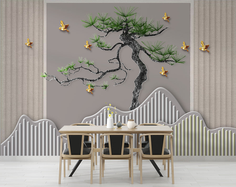 Curved Pine Tree And Golden Birds Mural Wallpaper
