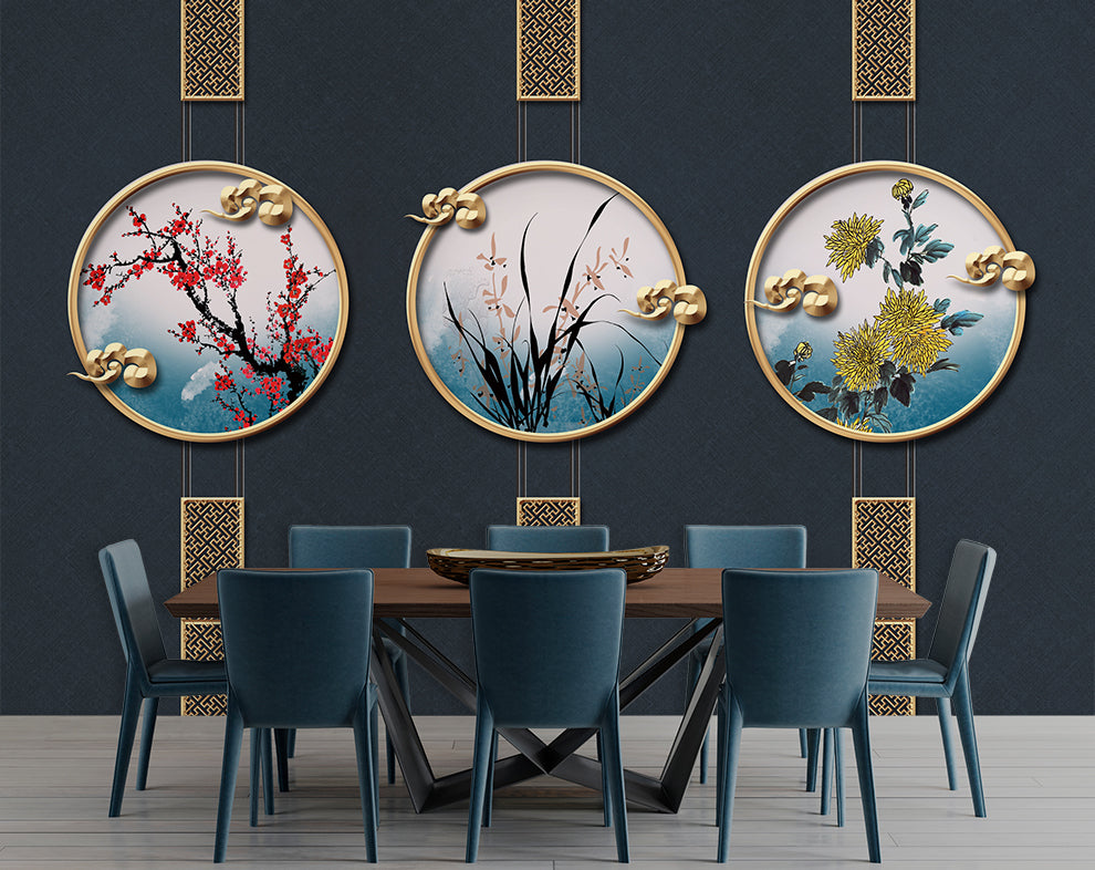 3D Creative Flowers And Modern Gold Metal Art Wallpaper