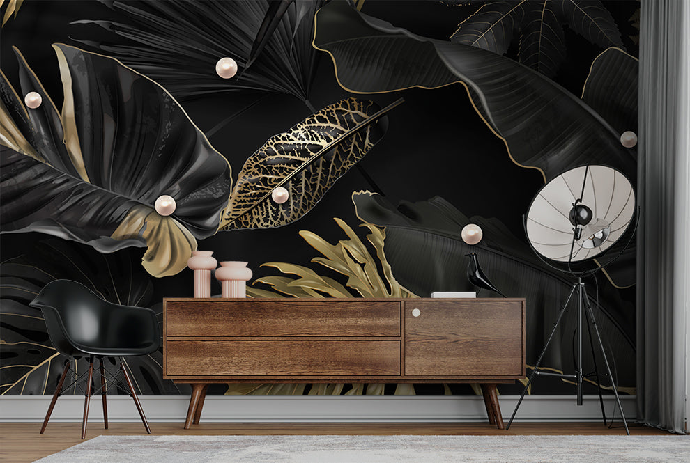 3D Black And Gold Leaf Pearl Embossed Wallpaper