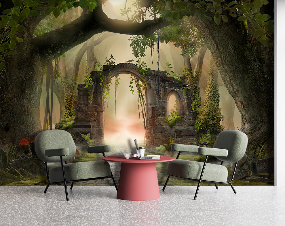 3D Effect Forest Tree Wallpaper For Living Room | Magical jungle wallpaper mural