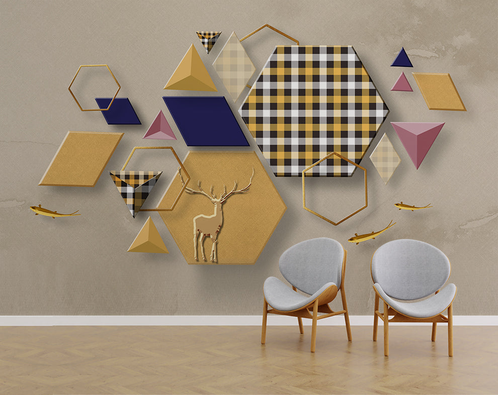 3d geometric design and deer wallpaper