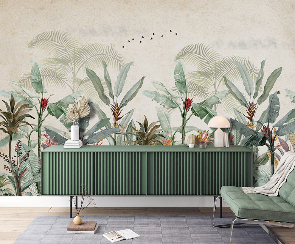 Living Room - Vintage Banana Leaf – Tropical Botanical Wall Mural, Custom Size