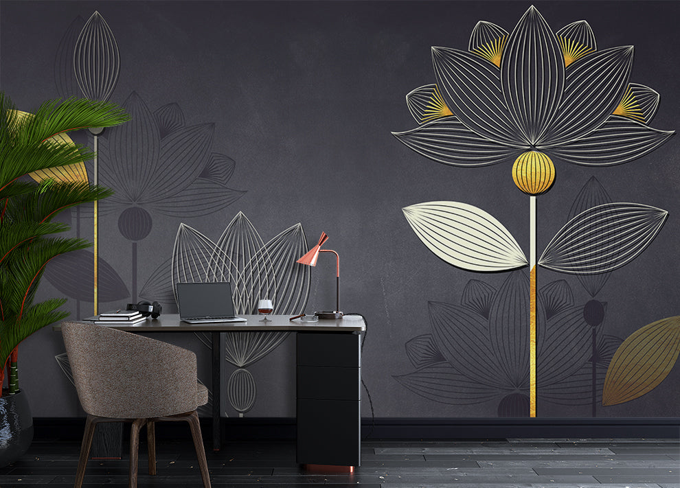 Luxury Golden Liner Lotus Wallpaper