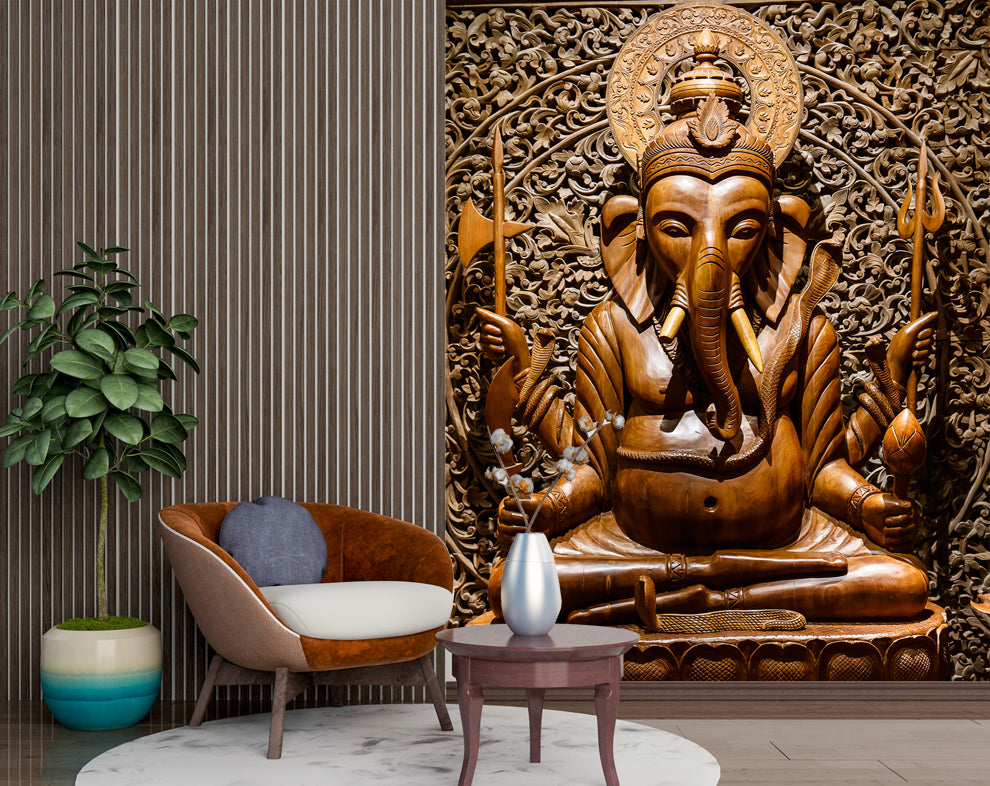 3D gods Mural wallpape, Ganesha Wood Design Wallpaper