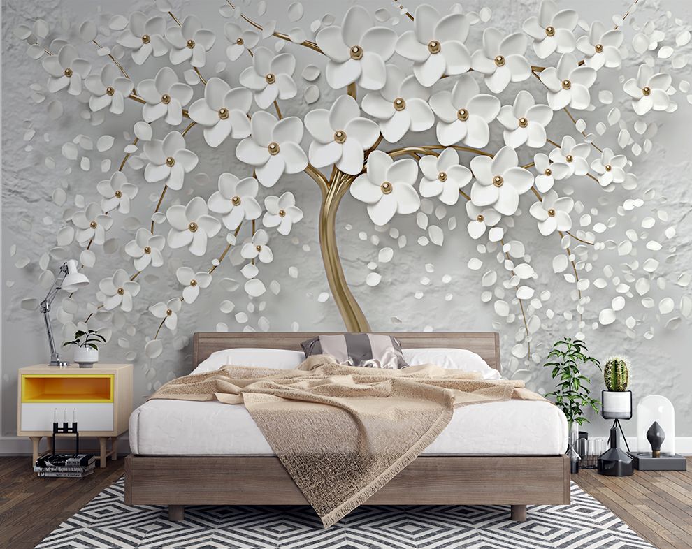 3d Golden tree and white flowers wallpaper | Living room wallpaper for walls