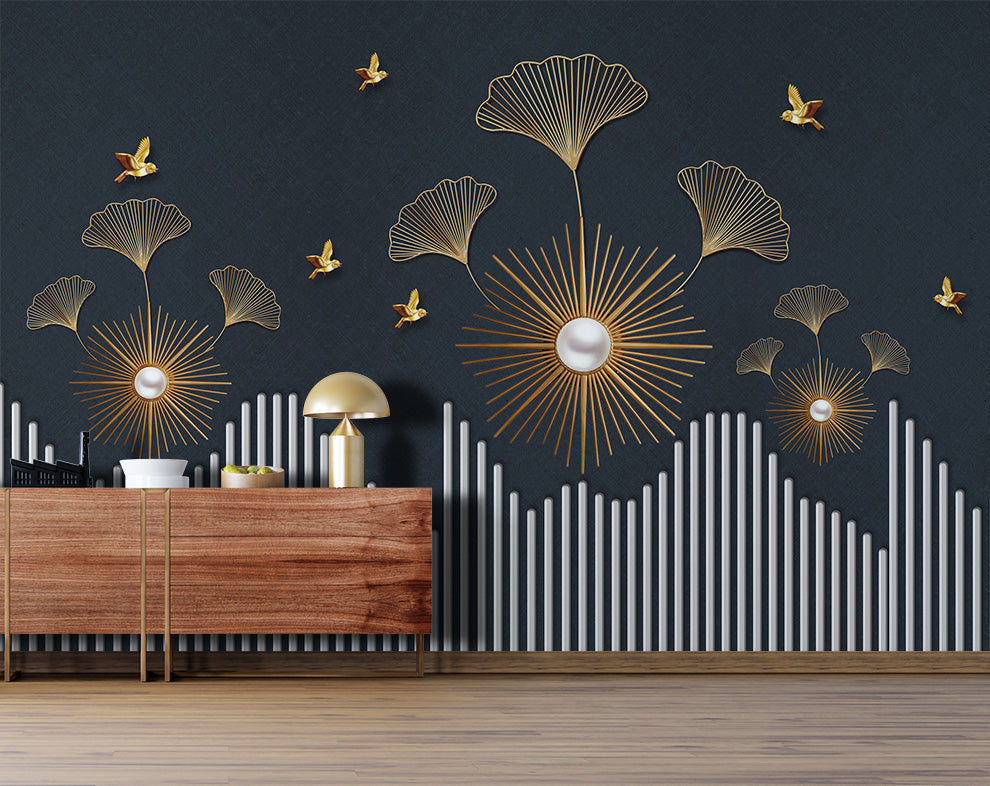 Ginkgo Leaves and Golden Birds Wallpaper