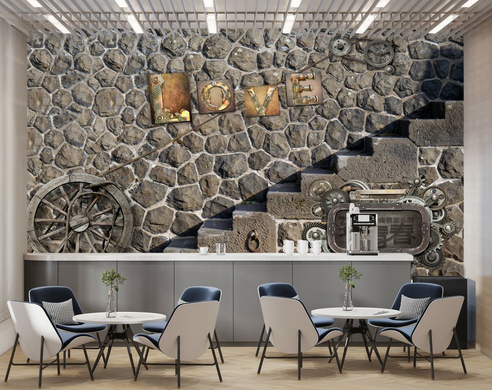 Stone Wall Art With Love Label Restaurant Cafe 3D Wallpaper