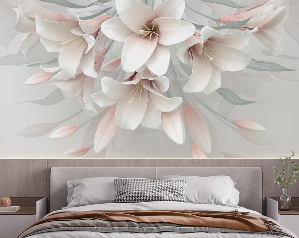 3D Pink And White Flowers Wallpaper For Living Room