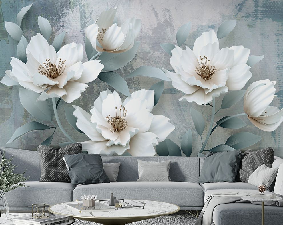 3D White Big Flower Wallpaper for Living Room and Bedroom Walls