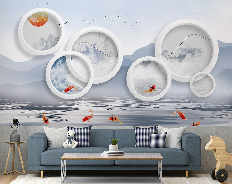 3D Circle Art And Fish Wallpaper | Living Room Wallpaper