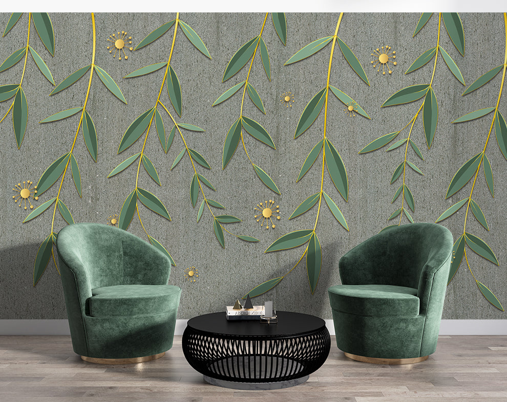 Green Leaves And Yellow Dots Tropical Wallpaper