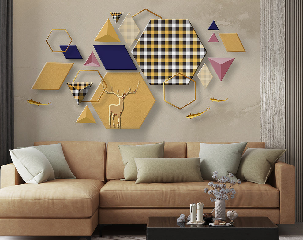 3d geometric design and deer wallpaper