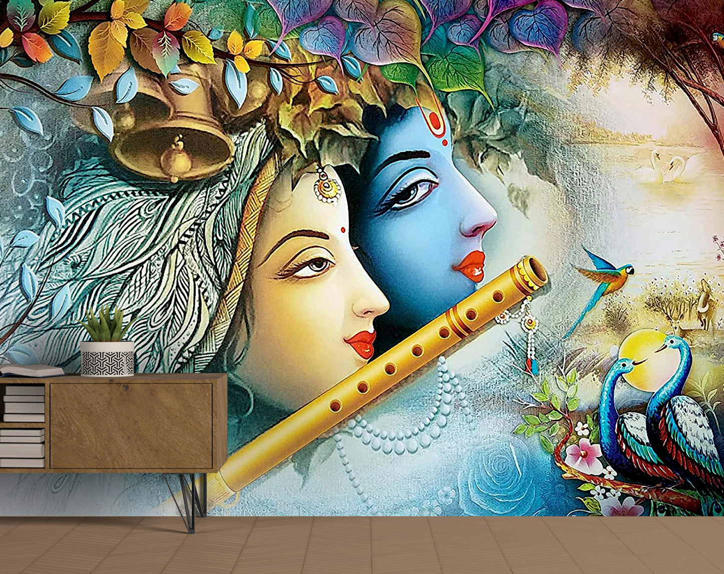 Krishna Playing Flute With Radha Wallpaper