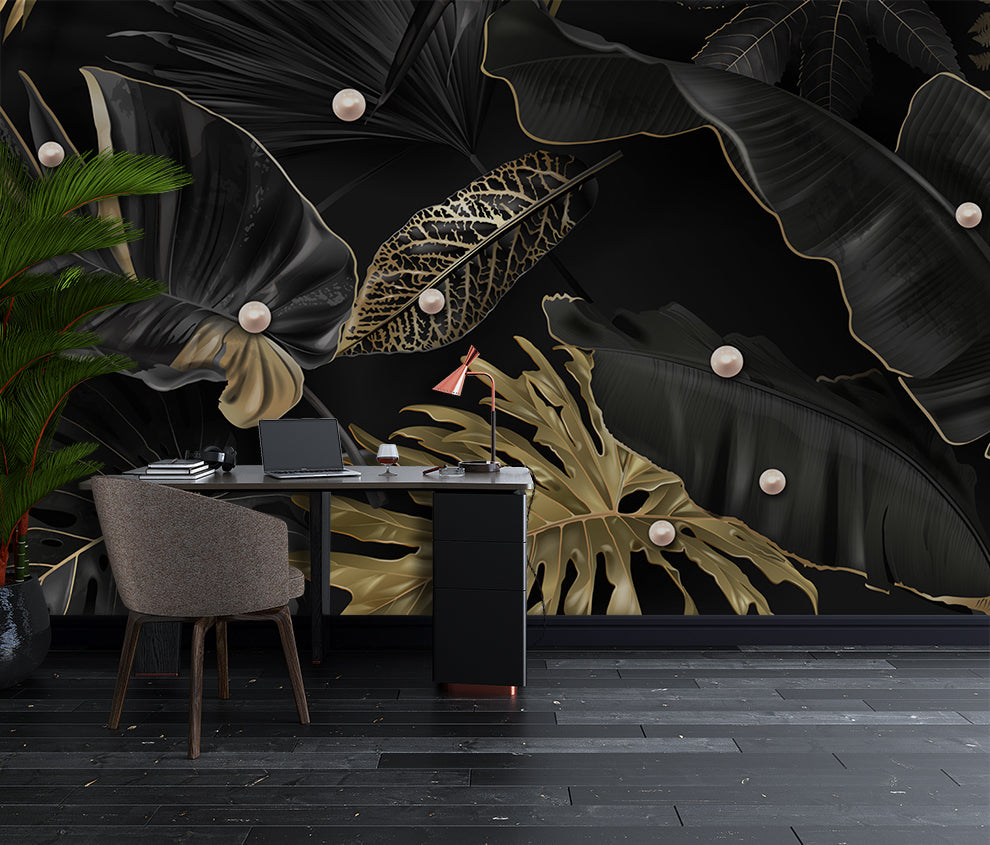 3D Black And Gold Leaf Pearl Embossed Wallpaper