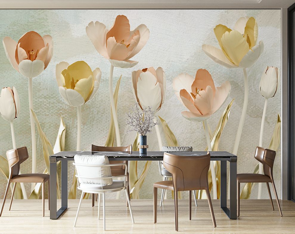 3D Golden Colourful Tulip Flowers for Living Room Walls