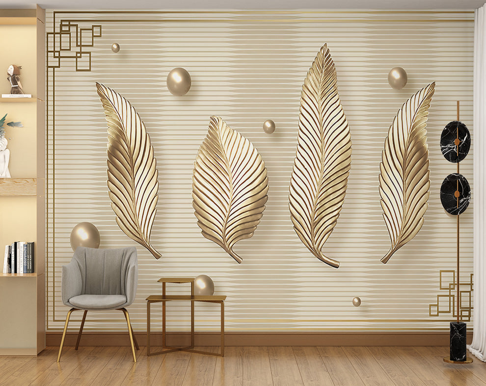 Horizontal 3D Golden Leaf Design Wallpaper