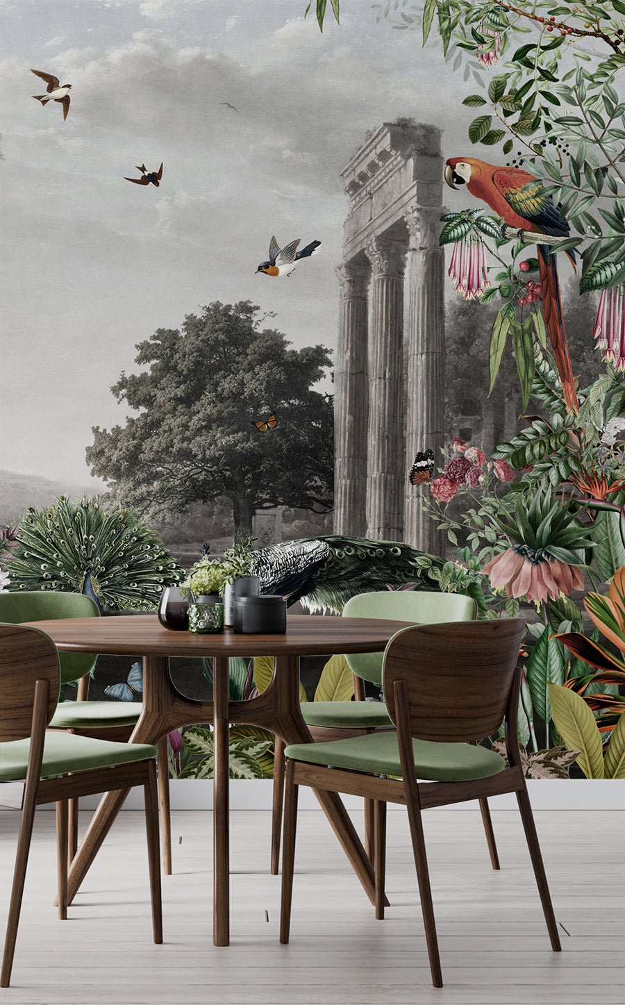Peacock And Birds Landscape Vintage Wallpaper