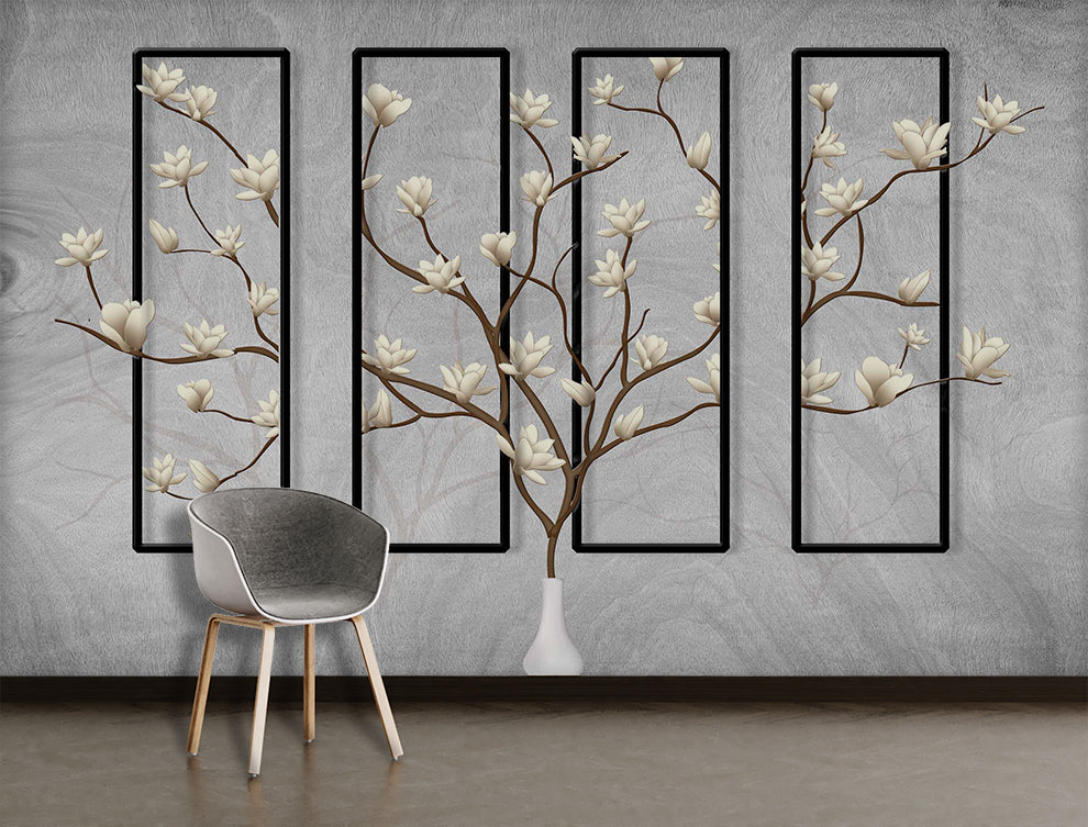 3D Floral & Square Frame Botanical Grey Wallpaper