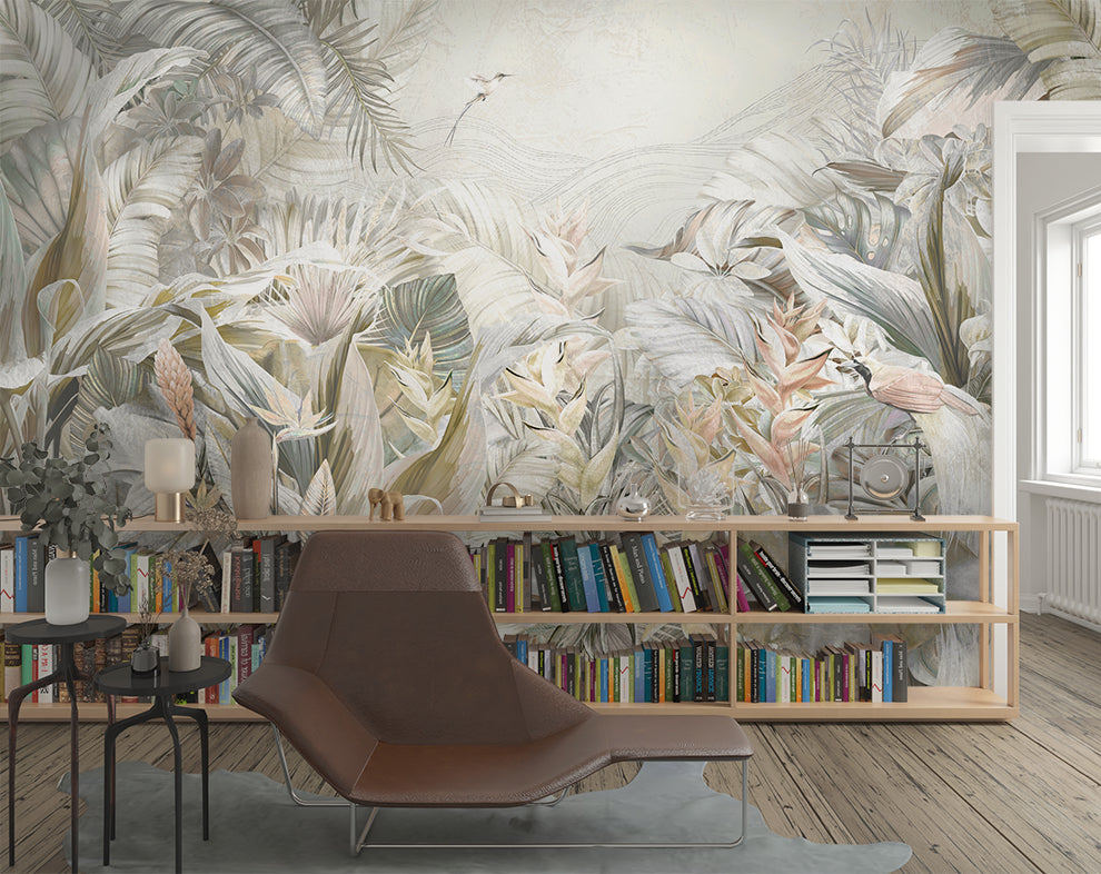 Living Room - Abstract Banana Leaves – Tropical Jungle Wall Mural, Custom Size