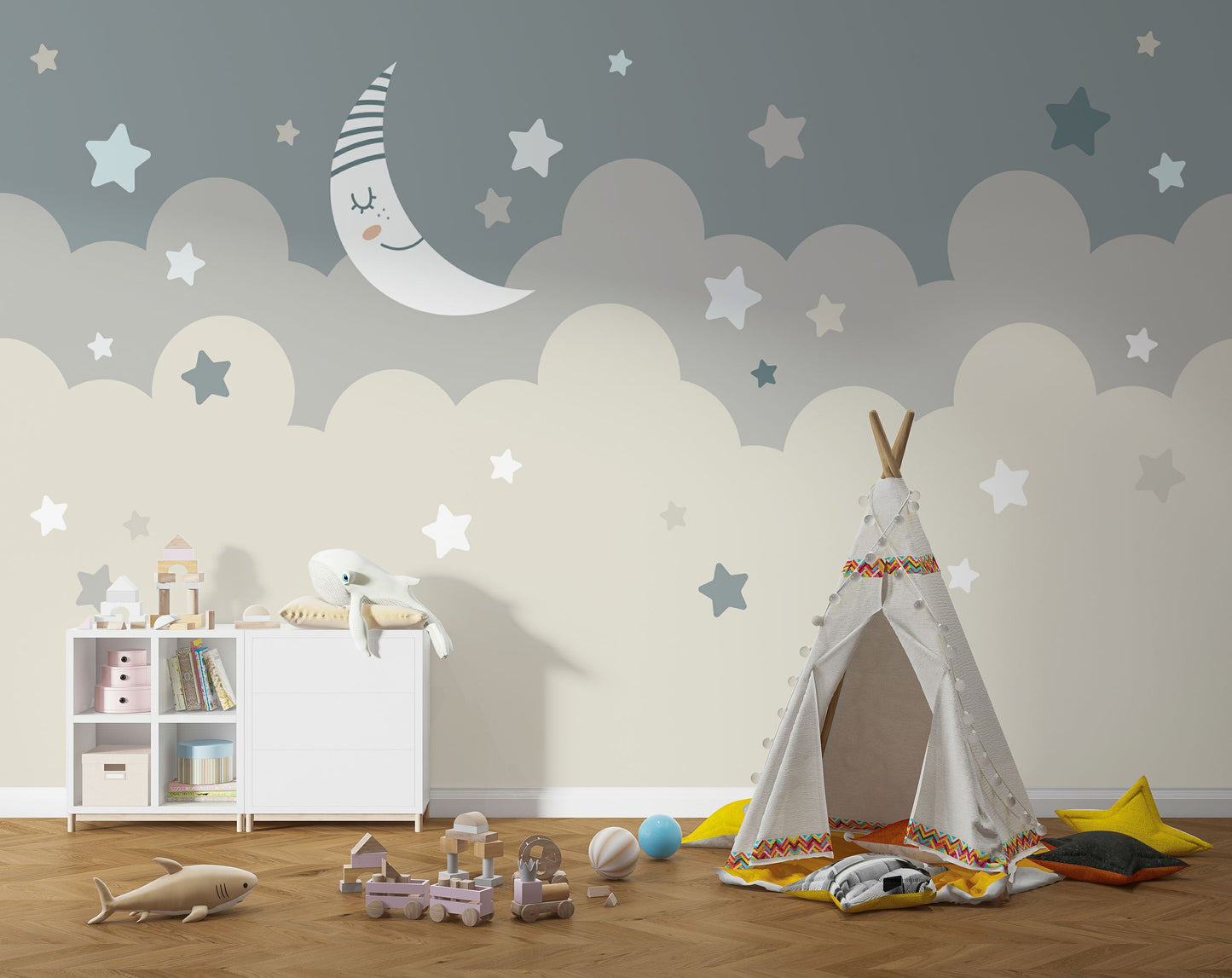 Sleepy Moon and Stars Theme Kids Wallpaper