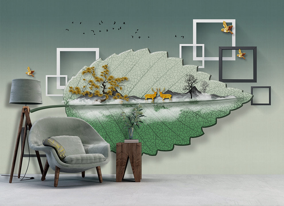 3D Beautiful Leaf Deer Trees Birds Frames Wallpaper