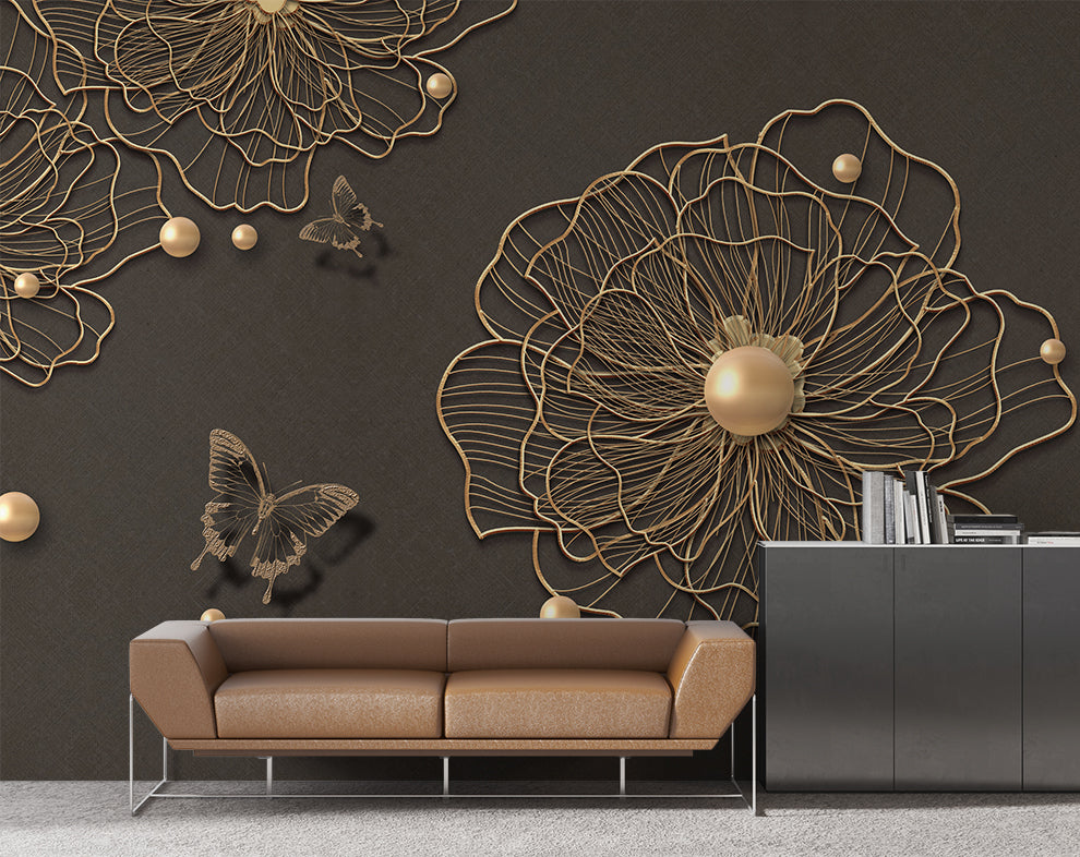 3d beautiful golden line flower pearl butterfly background wallpaper